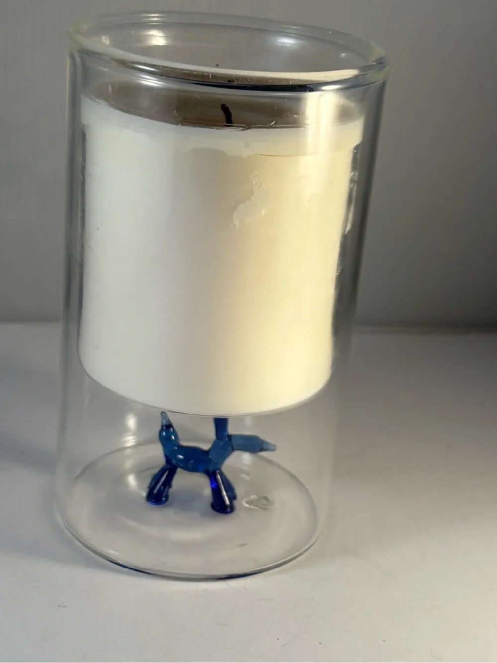 Unique Candle Holder Clear Glass With Blue Balloon‎ Dog Sculpture On Base 5.75”